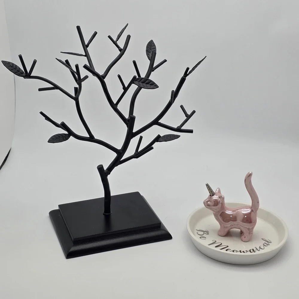 Jewelry Organizer Set Black Tree + Pink Cat Unicorn Dish Bundle‎ Whimsical Girly